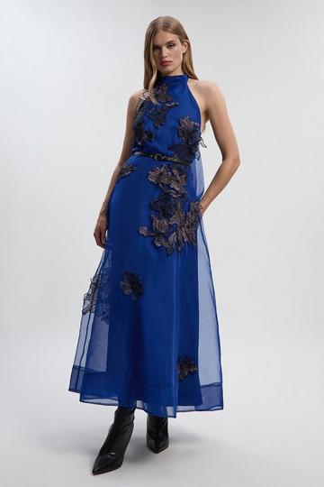 Floral Applique Organdie Woven Halter Neck Maxi Dress floral