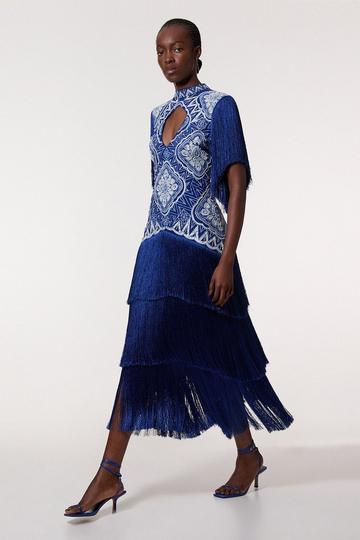 Embellished Fringe Woven Maxi Dress navy