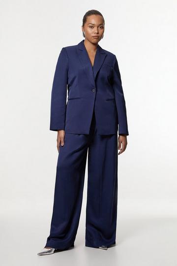 Plus Size Tailored Viscose Linen Wide Leg Trouser navy