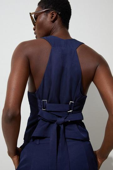 Navy Tailored Viscose Linen Corset Back Detail Waistcoat