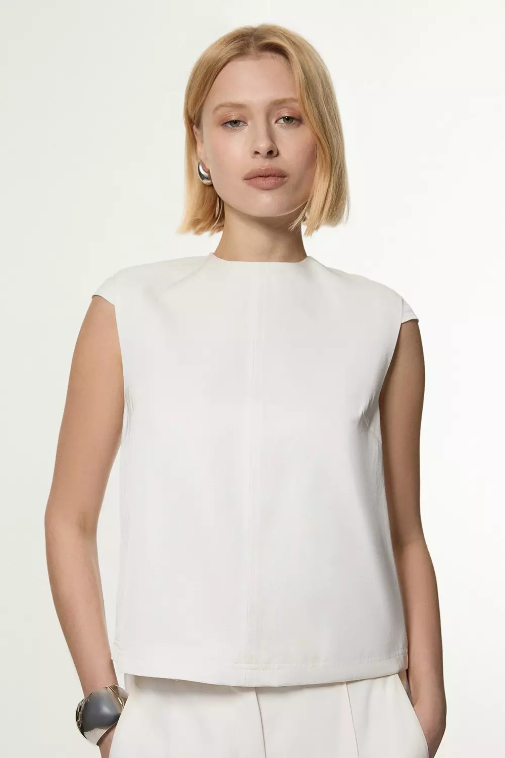 Ivory Tailored Viscose Linen Topstitch Detail Top  alternative image