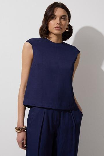 Navy Tailored Viscose Linen Topstitch Detail Top