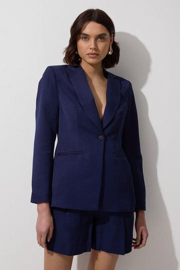 Navy Tailored Viscose Linen Single Breasted Blazer Jacket