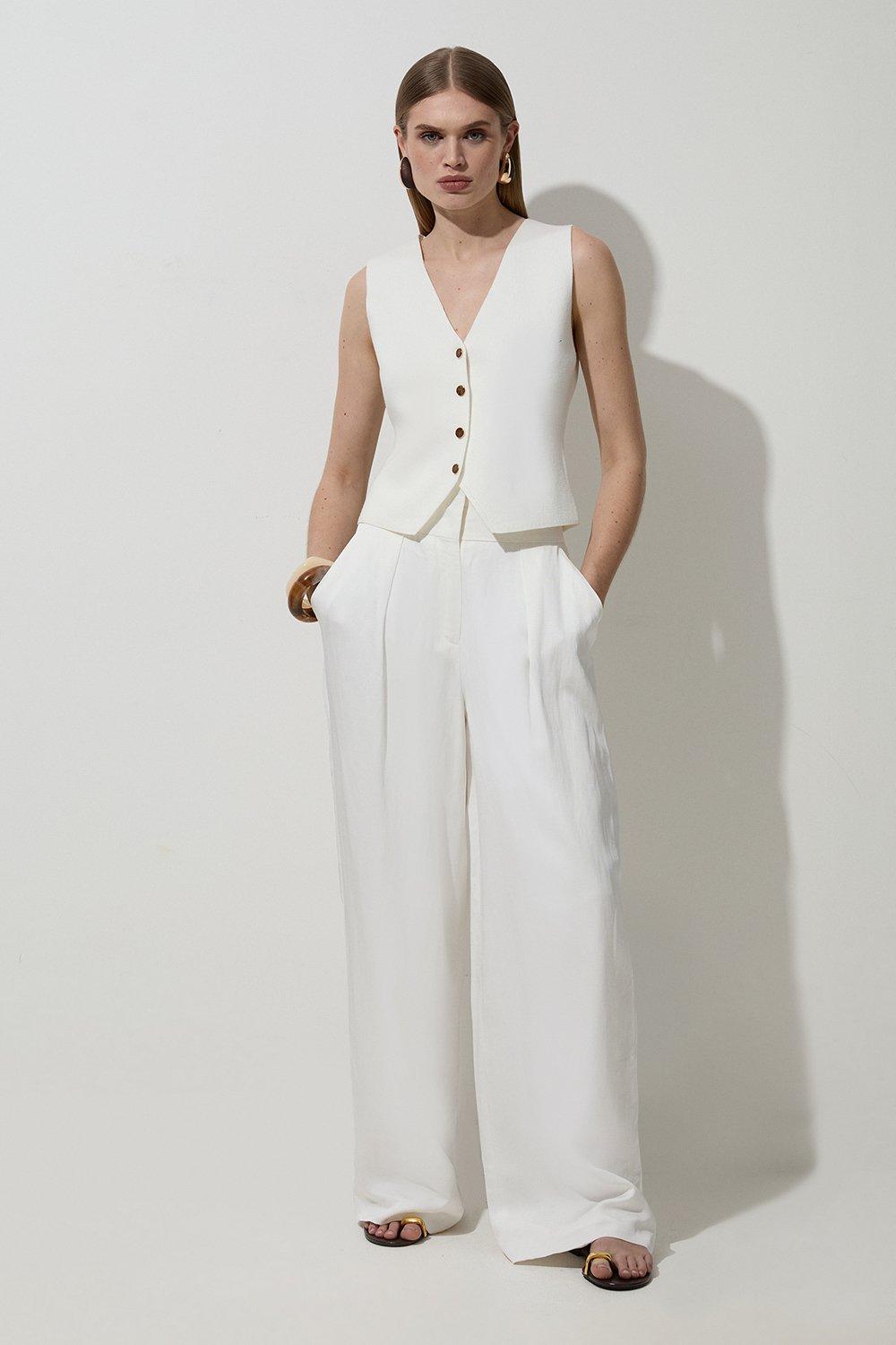 Ivory Tailored Viscose Linen Wide Leg Pants