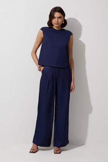 Navy Tailored Viscose Linen Wide Leg Trouser