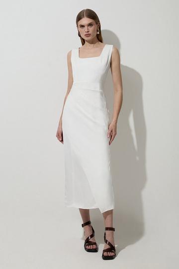 Tailored Viscose Linen Strappy Pleat Detail Midaxi Dress ivory