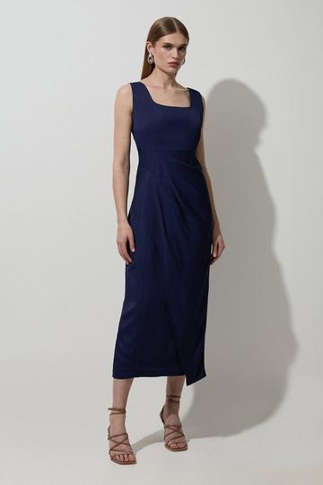 Navy Tailored Viscose Linen Strappy Pleat Detail Midaxi Dress