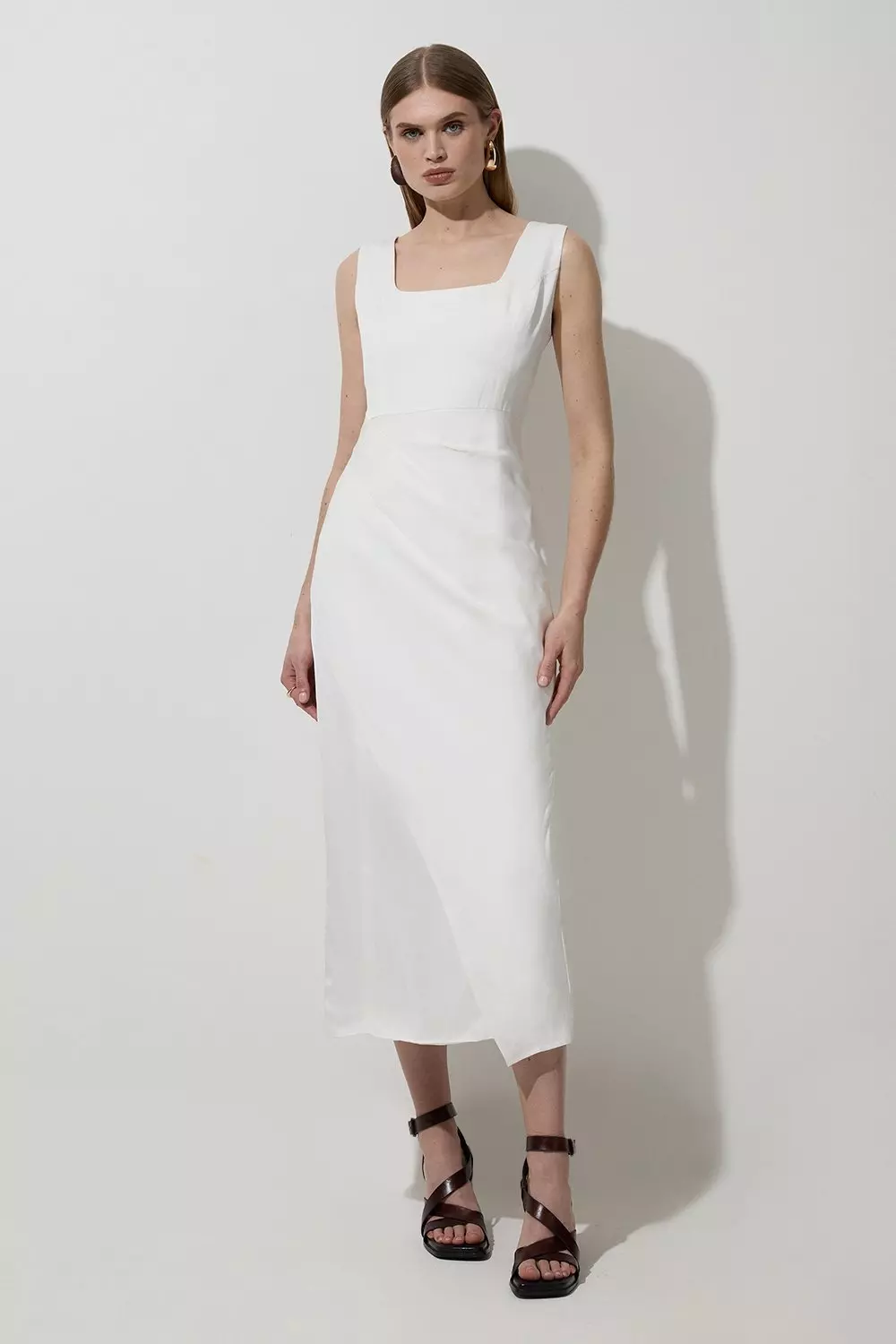Ivory Tall Tailored Viscose Linen Strappy Pleat Detail Midaxi Dress alternative image