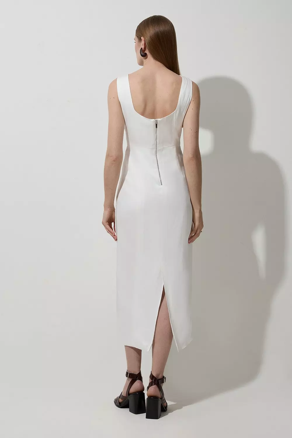Ivory Tall Tailored Viscose Linen Strappy Pleat Detail Midaxi Dress alternative image