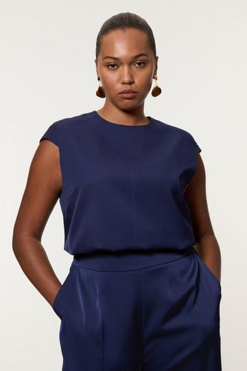 Plus Size Tailored Viscose Linen Topstitch Detail Top navy