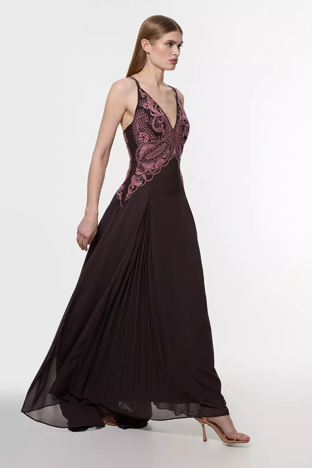 Chocolate Petite Cutwork Beaded Georgette Pleat Insert Woven Maxi Dress alternative image