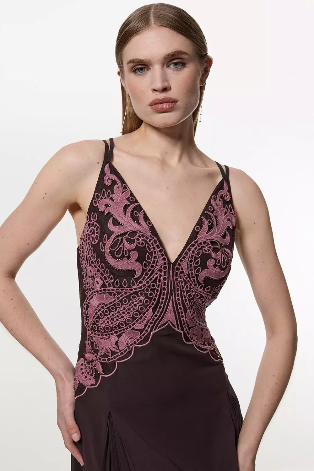 Chocolate Petite Cutwork Beaded Georgette Pleat Insert Woven Maxi Dress alternative image