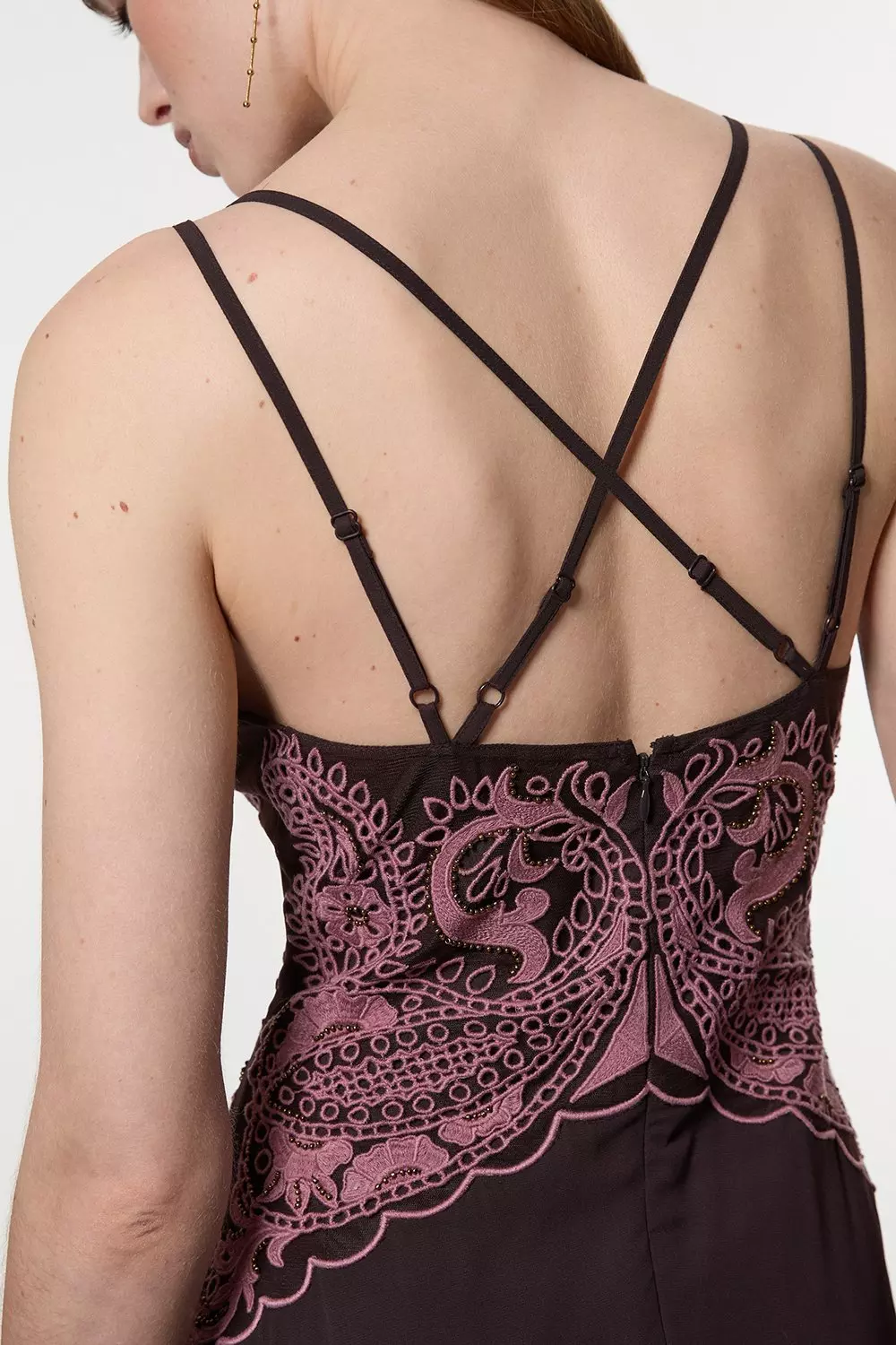 Chocolate Petite Cutwork Beaded Georgette Pleat Insert Woven Maxi Dress alternative image