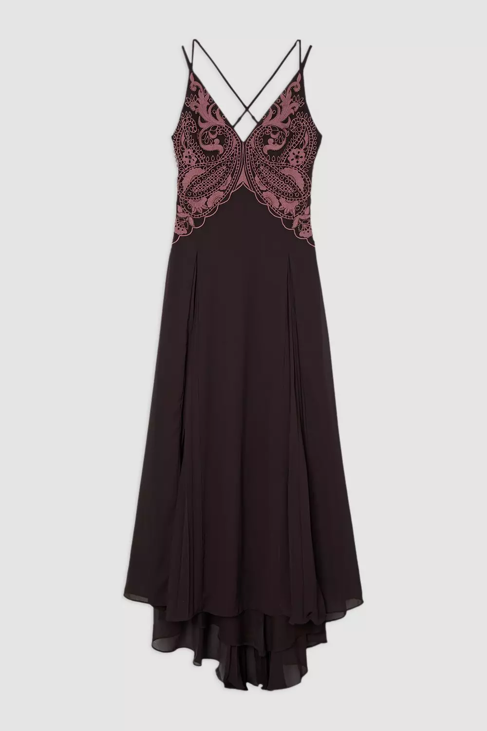 Chocolate Petite Cutwork Beaded Georgette Pleat Insert Woven Maxi Dress alternative image