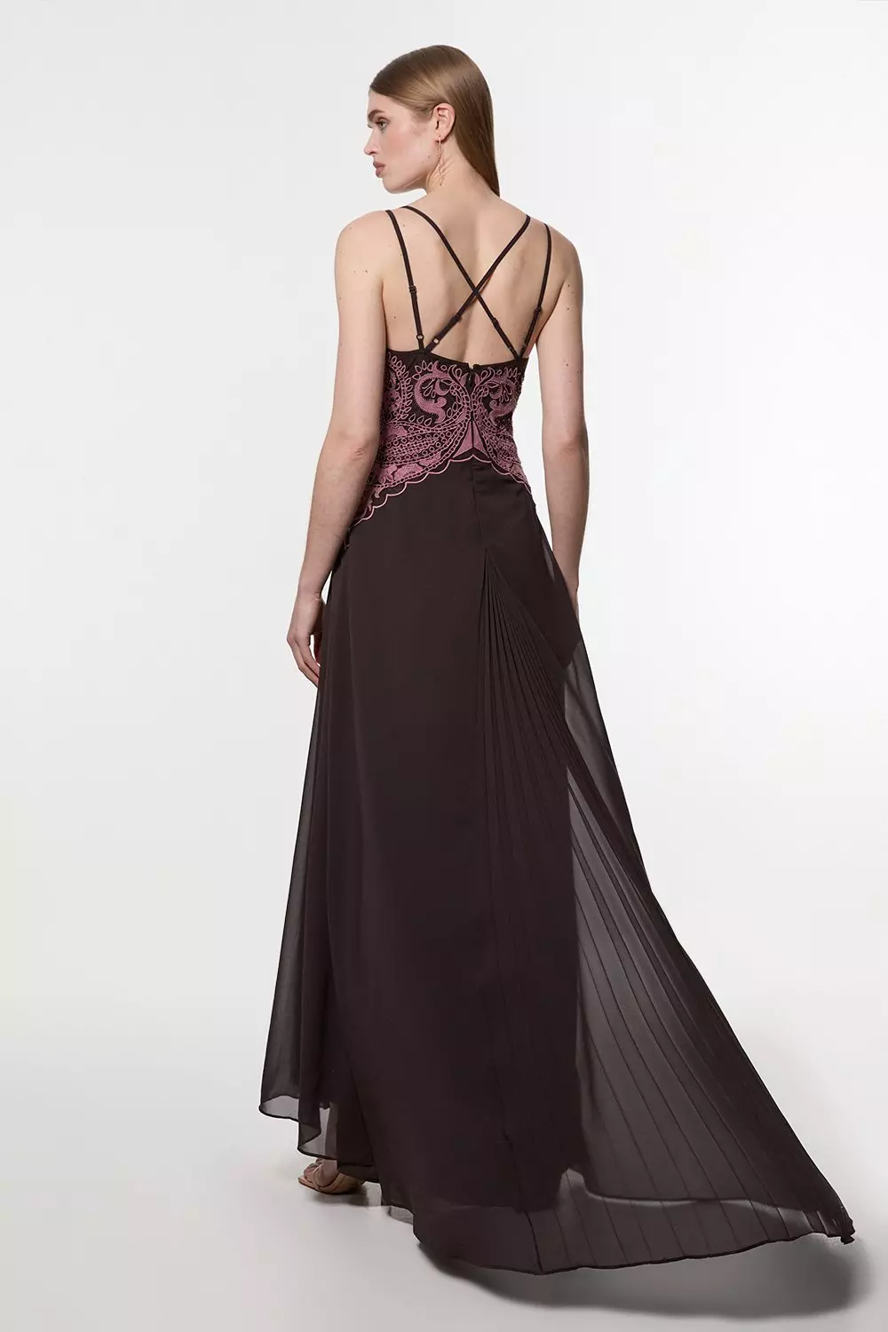 Chocolate Petite Cutwork Beaded Georgette Pleat Insert Woven Maxi Dress alternative image