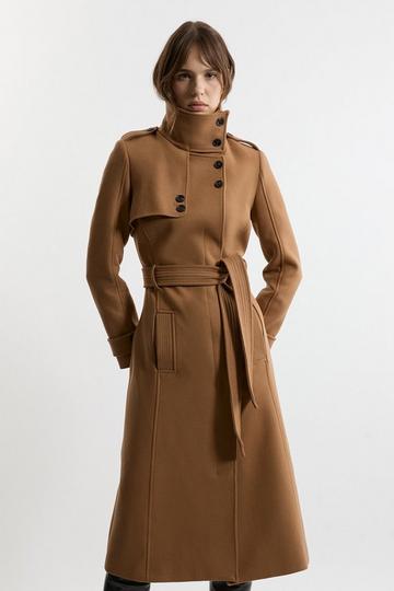 Premium ltalian Manteco Wool Belted Funnel Neck Tailored Midaxi Coat camel