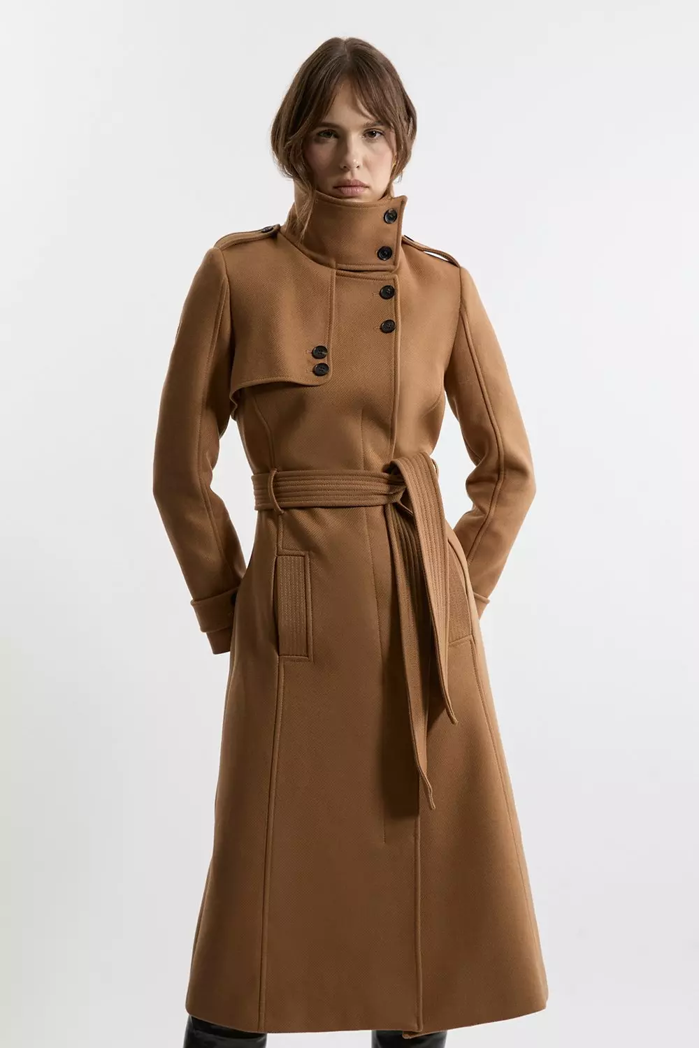 Premium ltalian Manteco Wool Belted Funnel Neck Tailored Midaxi Coat Karen Millen