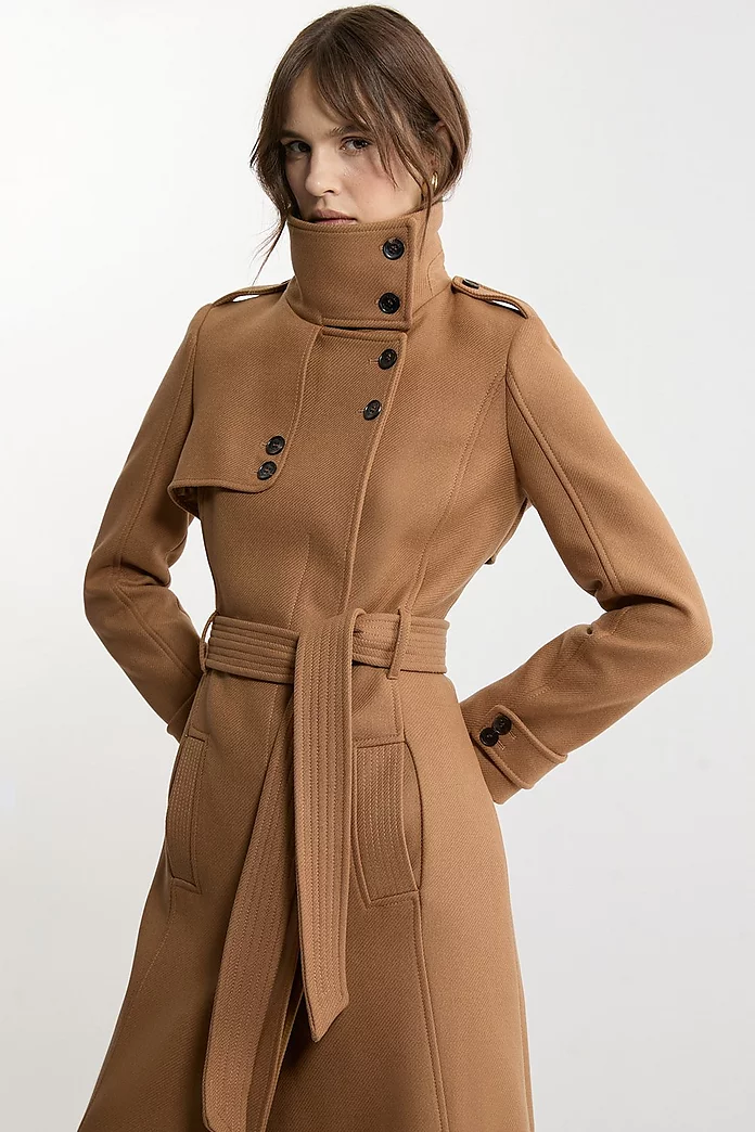 Premium ltalian Manteco Wool Belted Funnel Neck Tailored Premium ltalian Manteco Wool Belted Funnel Neck Tailored