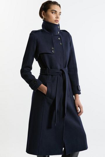 Navy Premium ltalian Manteco Wool Belted Funnel Neck Tailored Midaxi Coat