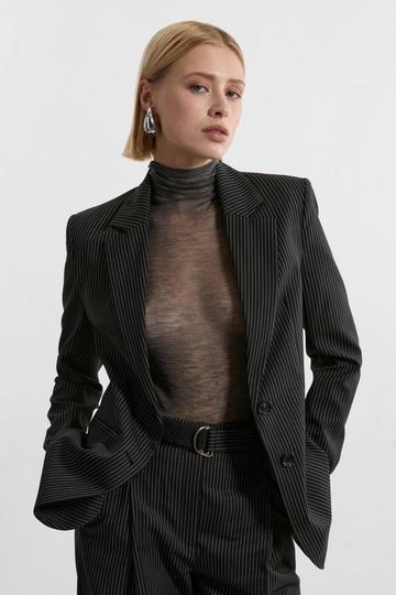 Black Pinstripe Tailored Grograin Detail Tailored Jacket