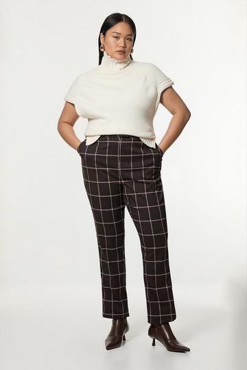 Brown Plus Size Check Straight Leg Split Front Tailored Trouser