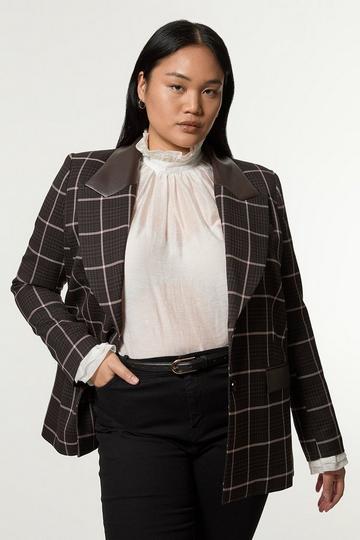 Plus Size Check Pu Mix Tailored Jacket brown