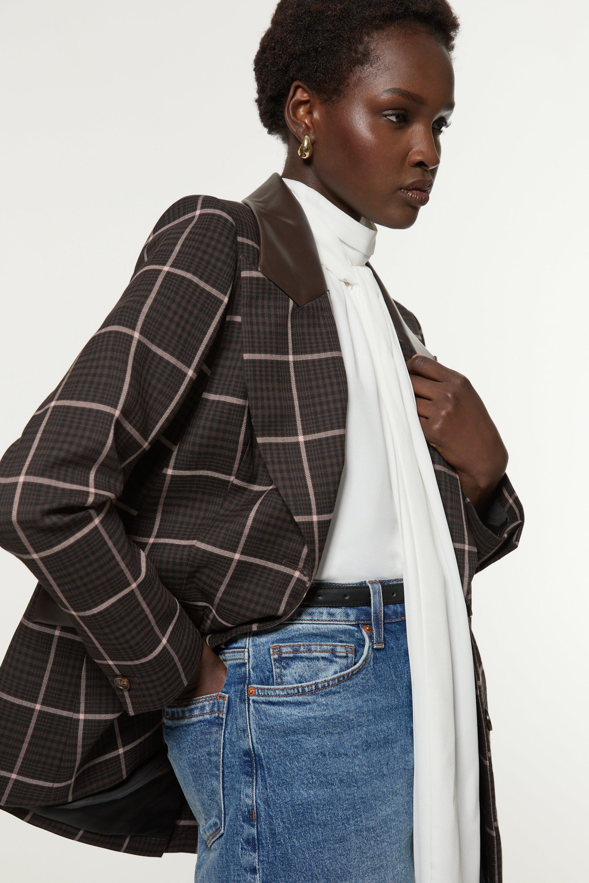 Brown Check Pu Mix Tailored Jacket