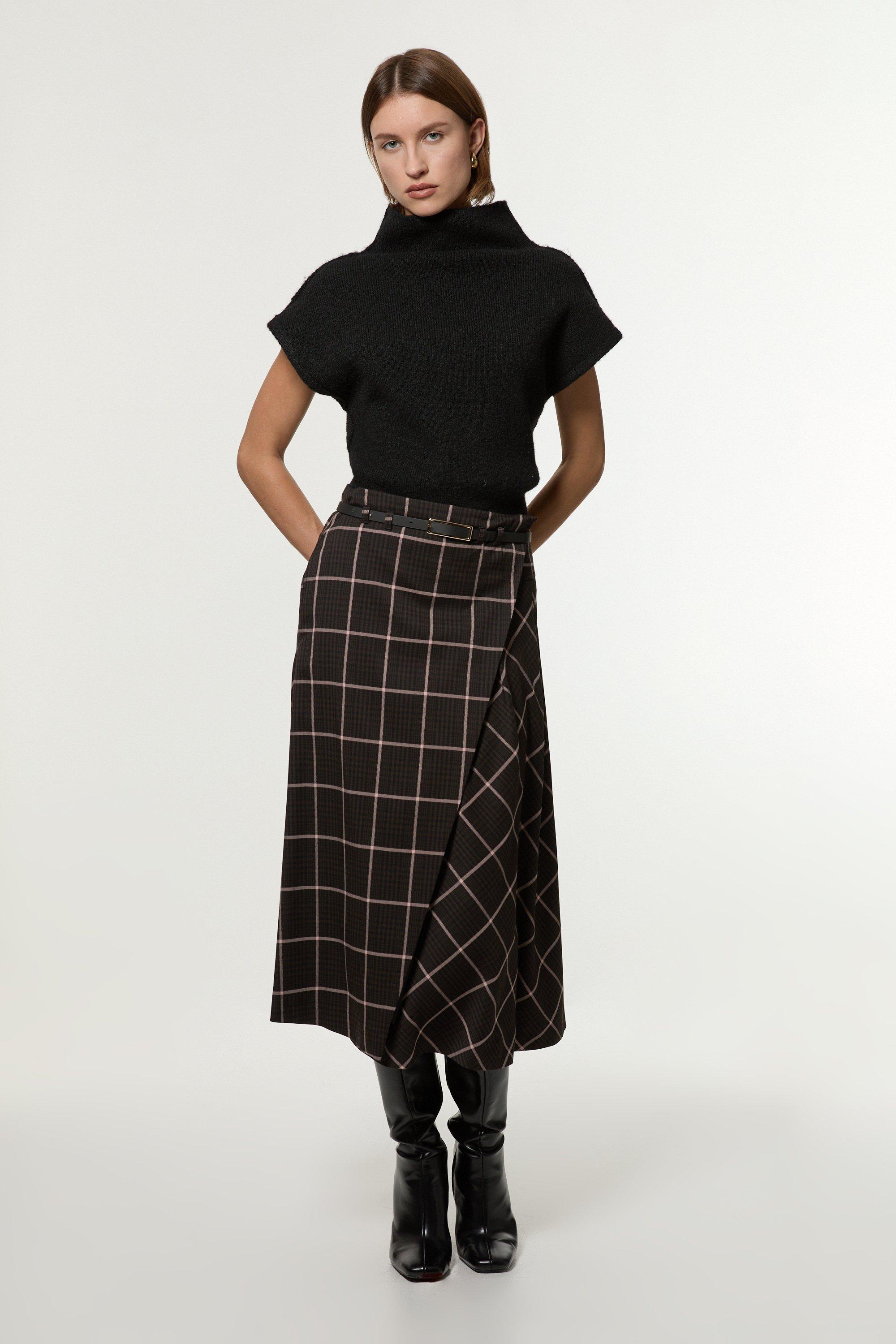 Brown Check Pleated Kilt Belted Midi Skirt