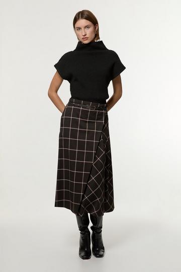 Check Pleated Kilt Belted Midi Skirt brown