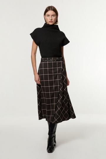 Petite Check Pleated Kilt Belted Midi Skirt brown