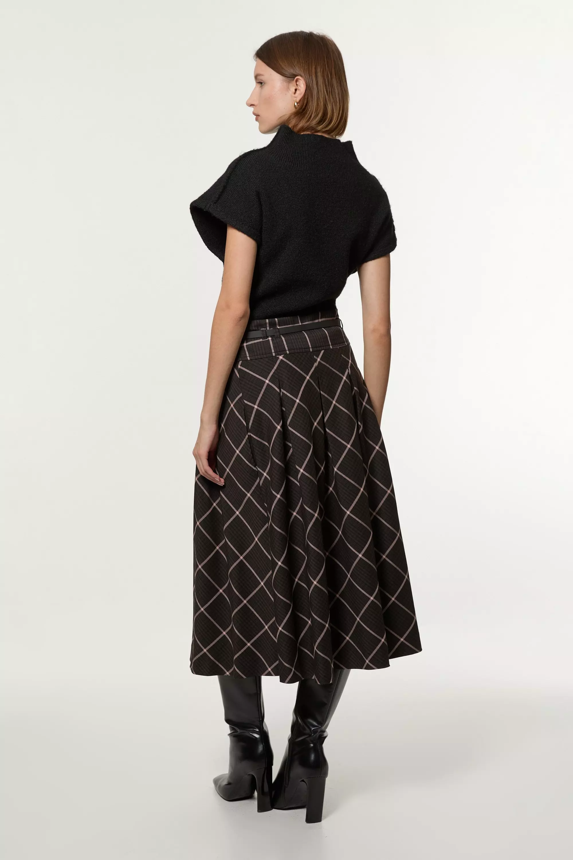Petite Check Pleated Kilt Belted Midi Skirt | Karen Millen