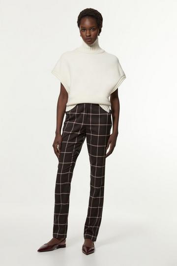 Brown Check Straight Leg Split Front Tailored Trouser