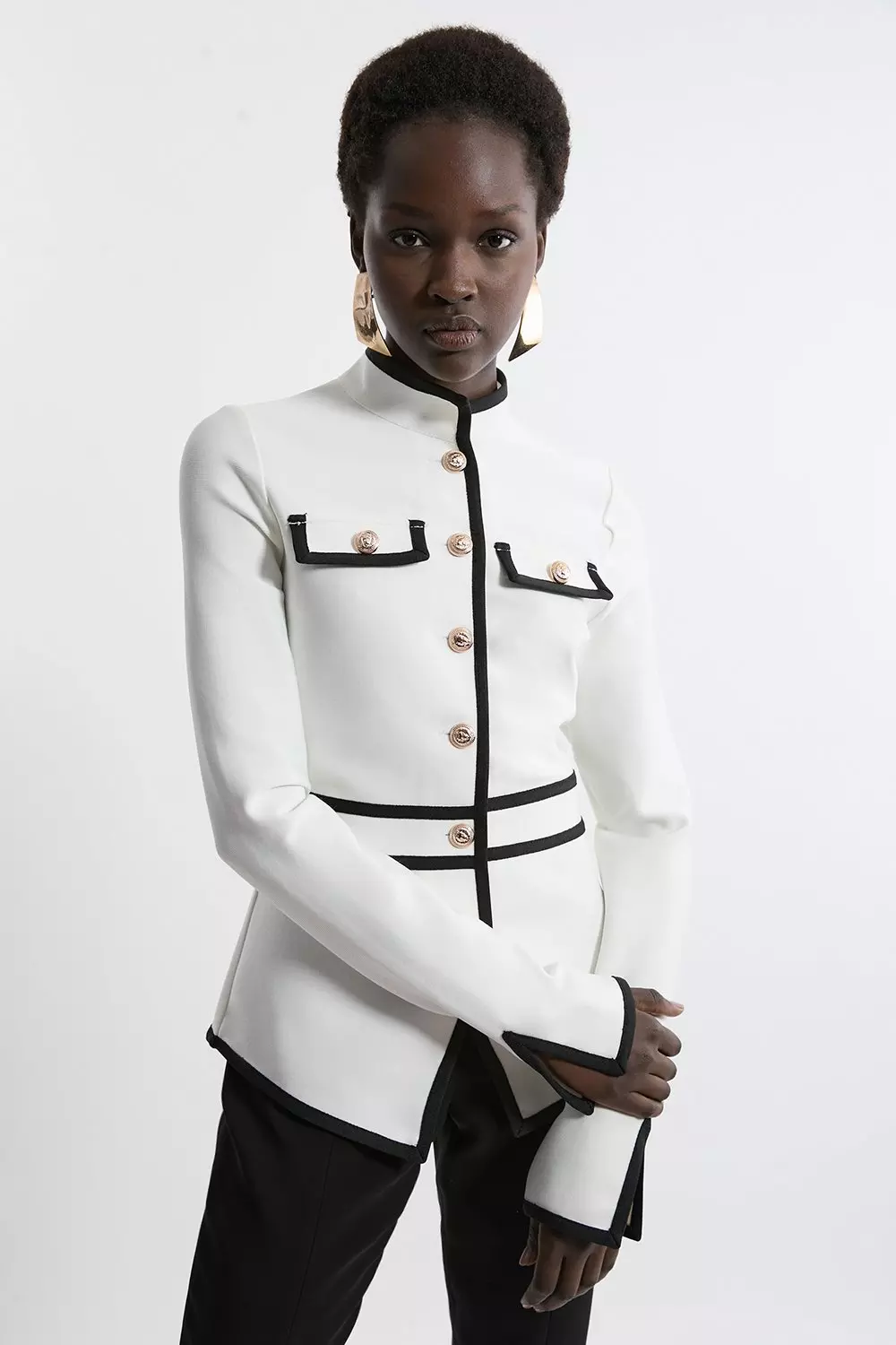 【Karen Millen】フリル バンデージ ニット ジャケット Tall Figure Form Bandage Contrast Piping Jacket | Karen Millen