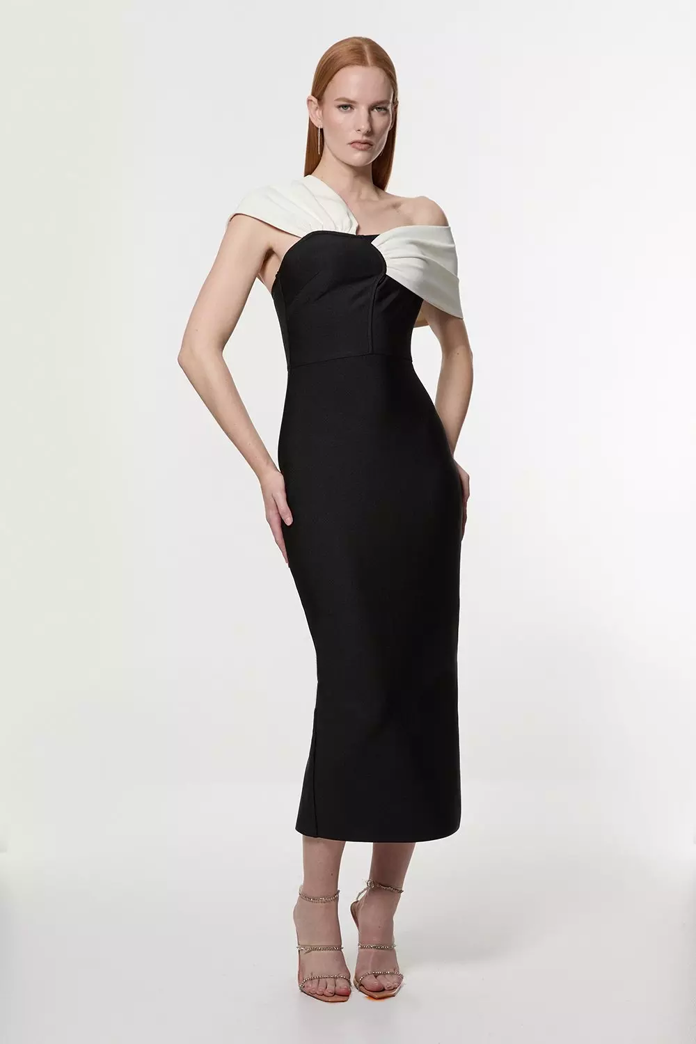 Karen Millen Womens Tall Figure Form Bandage Asymmetric Strap Knit Midi Dress Black Size S