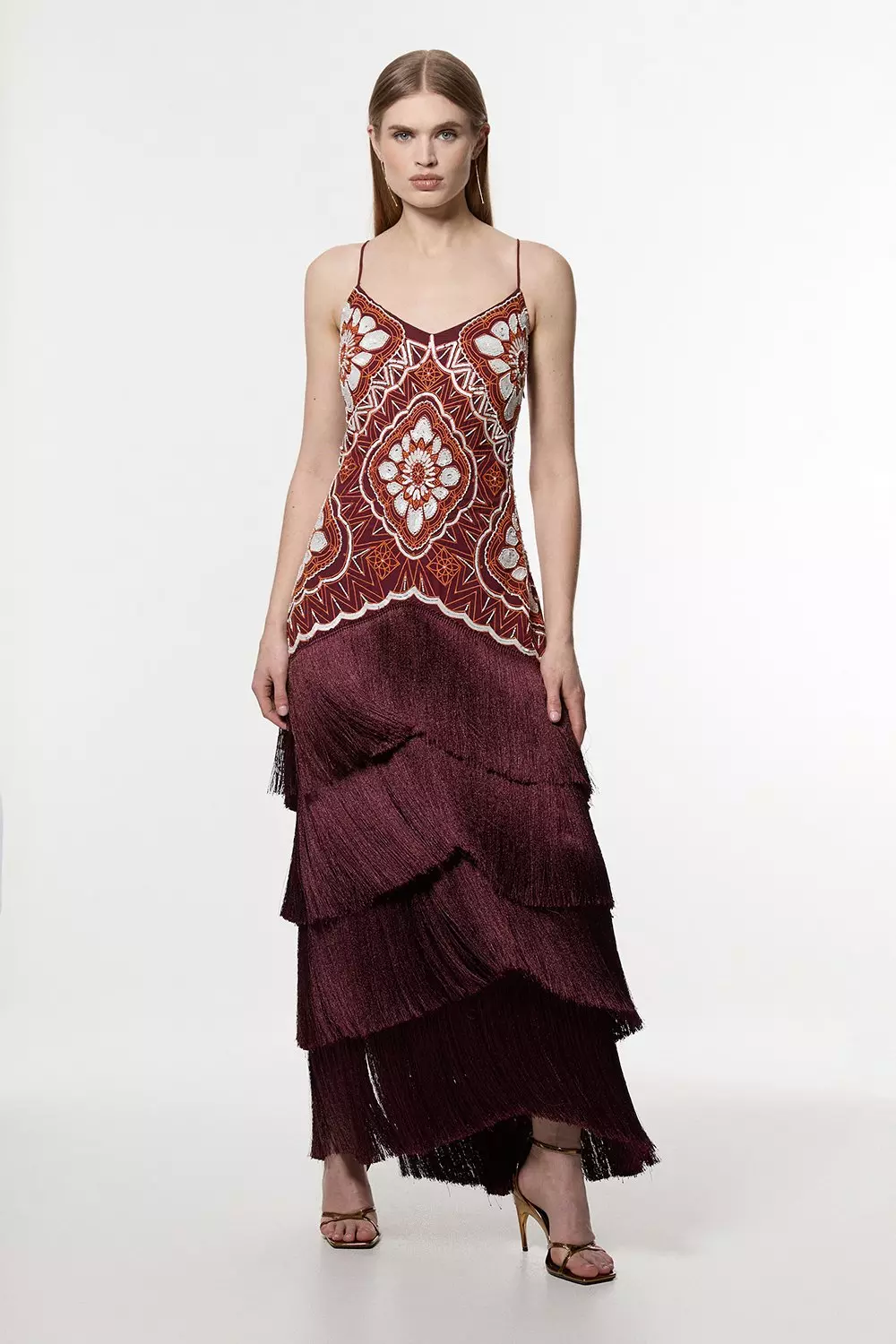 Burnt orange Petite Embellished Fringe Strappy Woven Maxi Dress alternative image