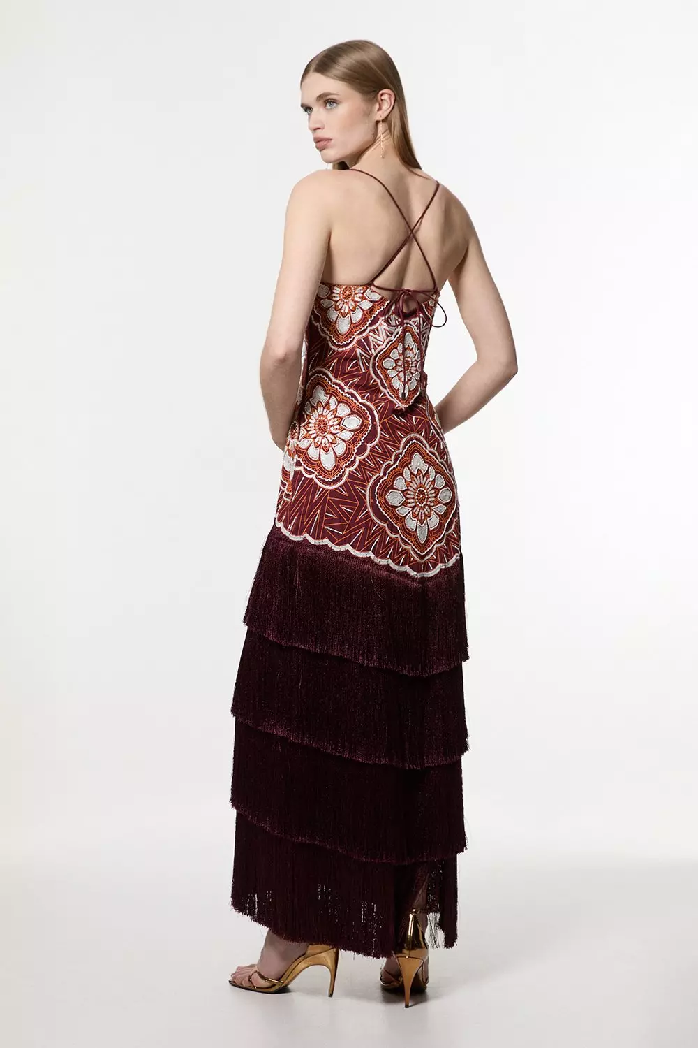 Burnt orange Petite Embellished Fringe Strappy Woven Maxi Dress alternative image