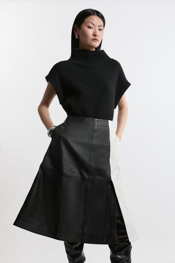 Leather Color Block Midi A-Line Skirt mono