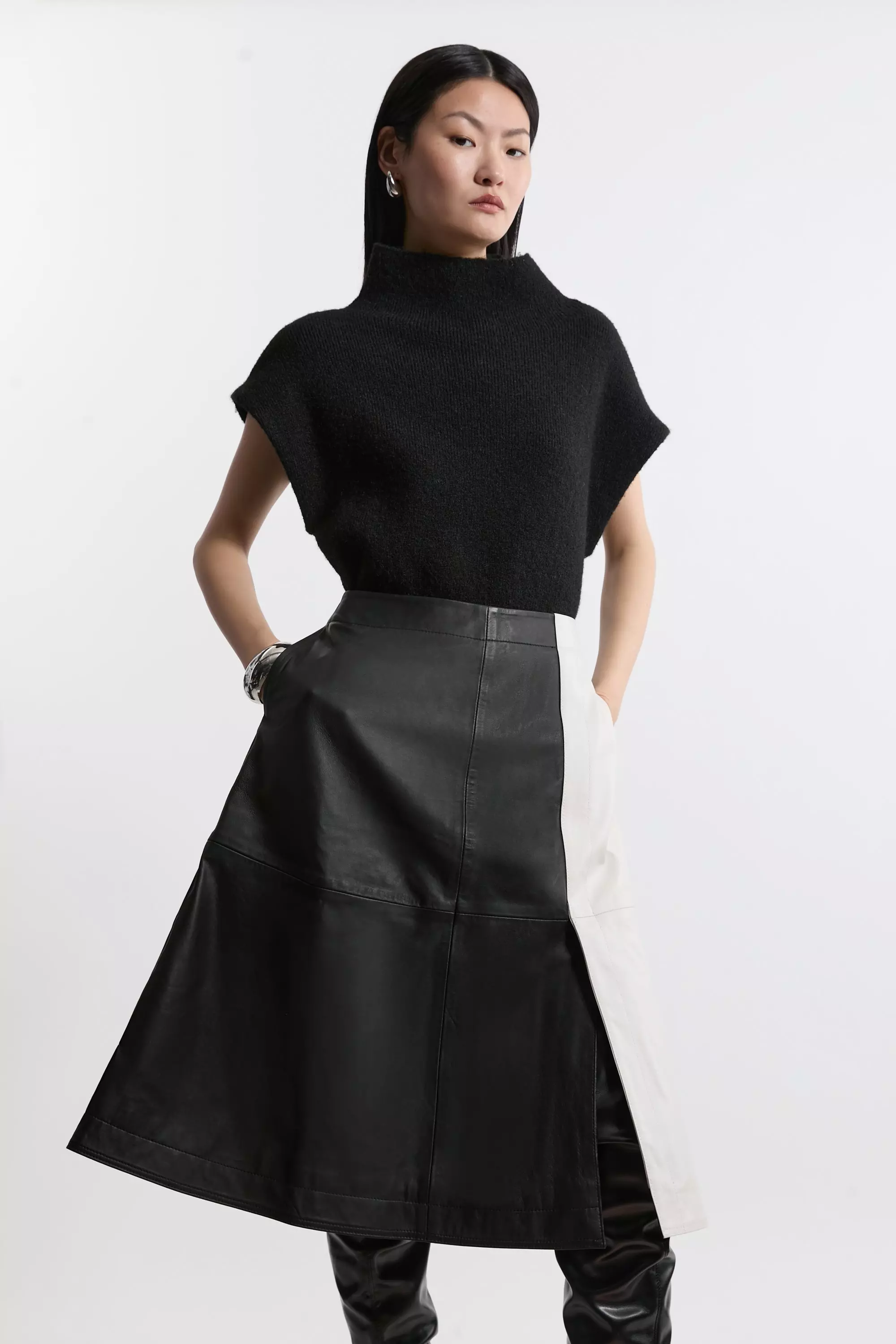 Leather Colourblock Midi A Line Skirt Karen Millen