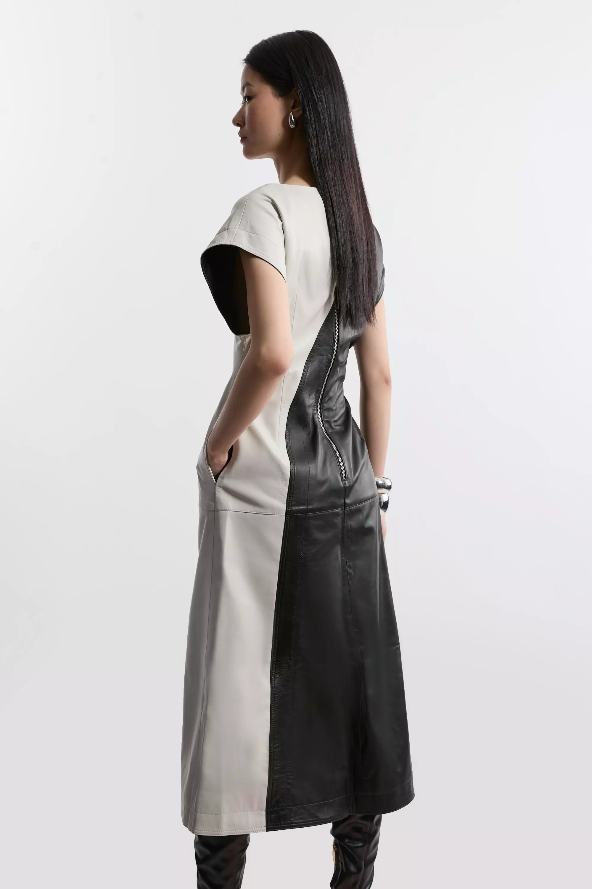 Leather Color Block Midi Dress | Karen Millen
