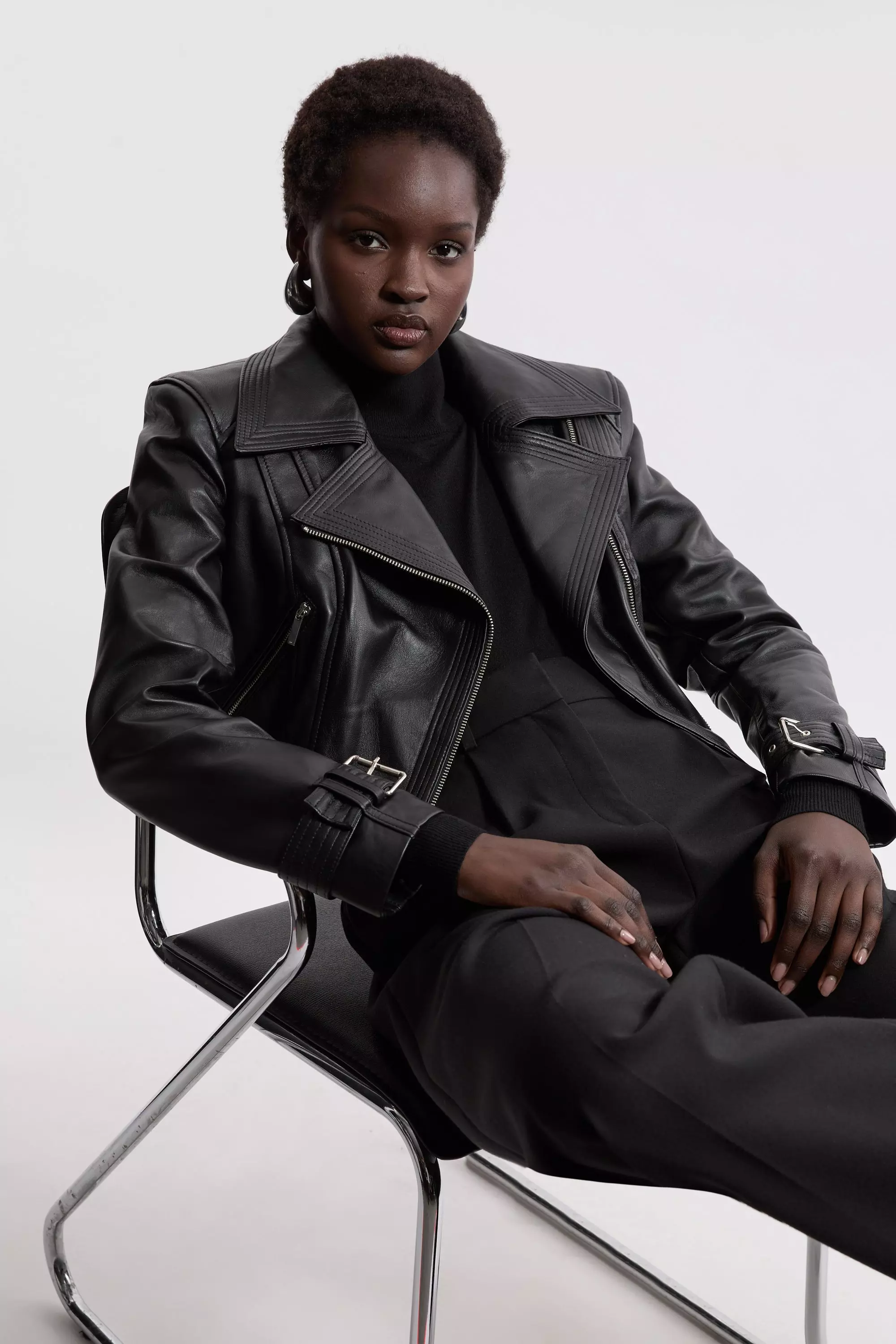 Leather Structured Micro Biker Jacket Karen Millen