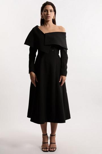 Black Compact Stretch Asymmetric Collar Long Sleeve Midaxi Dress