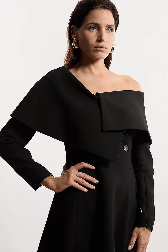 Compact Stretch Asymmetric Collar Long Sleeve Midi Dress Compact Stretch Asymmetric Collar Long Sleeve Midi Dress
