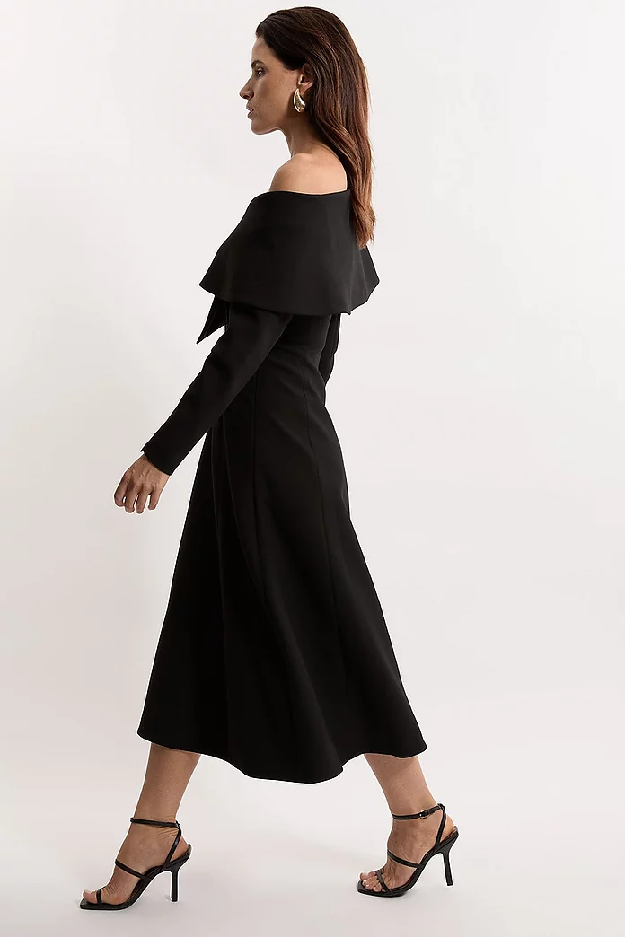 Compact Stretch Asymmetric Collar Long Sleeve Midi Dress Compact Stretch Asymmetric Collar Long Sleeve Midi Dress