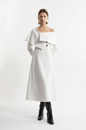 Compact Stretch Asymmetric Collar Long Sleeve Midaxi Dress ivory