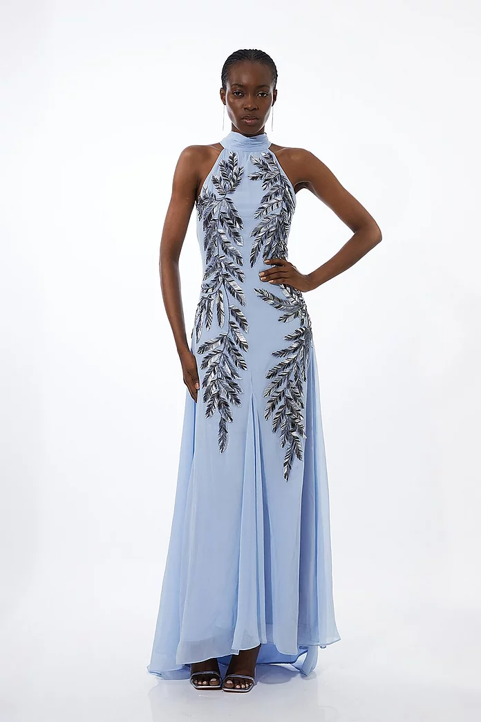 Tall Halter Neck Feather Sequin Detail Woven Maxi Dress Tall Halter Neck Feather Sequin Detail Woven Maxi Dress
