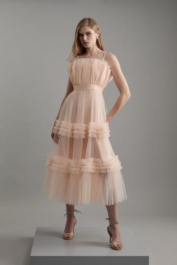 Tulle Bandeau Tiered Midi Dress blush