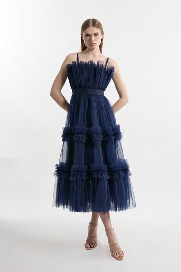 Navy Tulle Bandeau Tiered Midi Dress