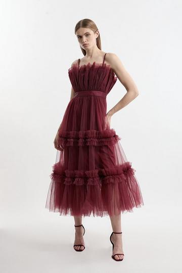 Tulle Bandeau Tiered Midi Dress red