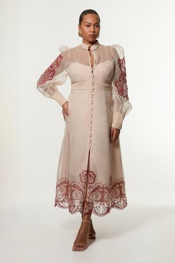 Plus Size Organdie Embroidered Woven Midi Dress cream