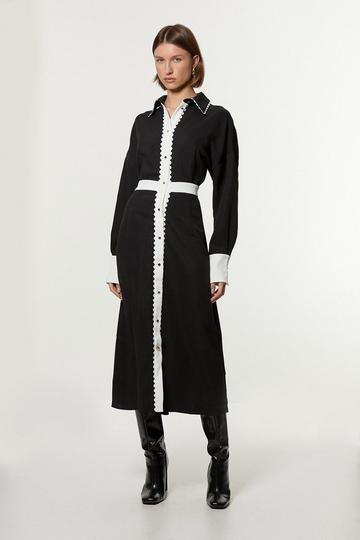 Petite Scallop Trim Woven Crepe Shirt Dress mono